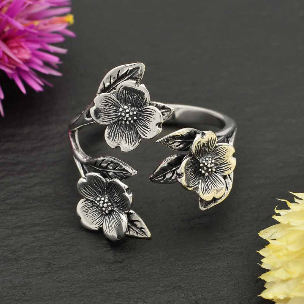 Dogwood Flower and Leaf Adjustable Ring in Silver