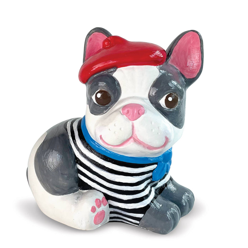 A gray and white painted french bulldog wearing a red beret, a black and white striped shirt, and a blue scarf.