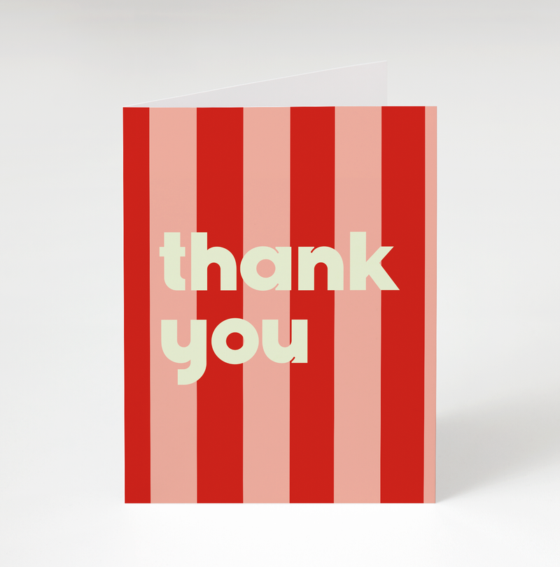 A red and pink stripes card with the words "thank you" in cream.