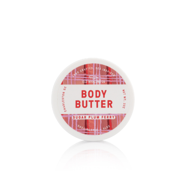 A pink and red plaid tub of Sugar Plum Ferry Body Butter.