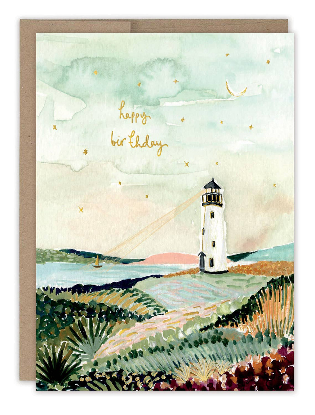 A card watercolor illustrated with a white lighthouse looking towards a sailboat in a harbor below the words "happy birthday in gold foil.