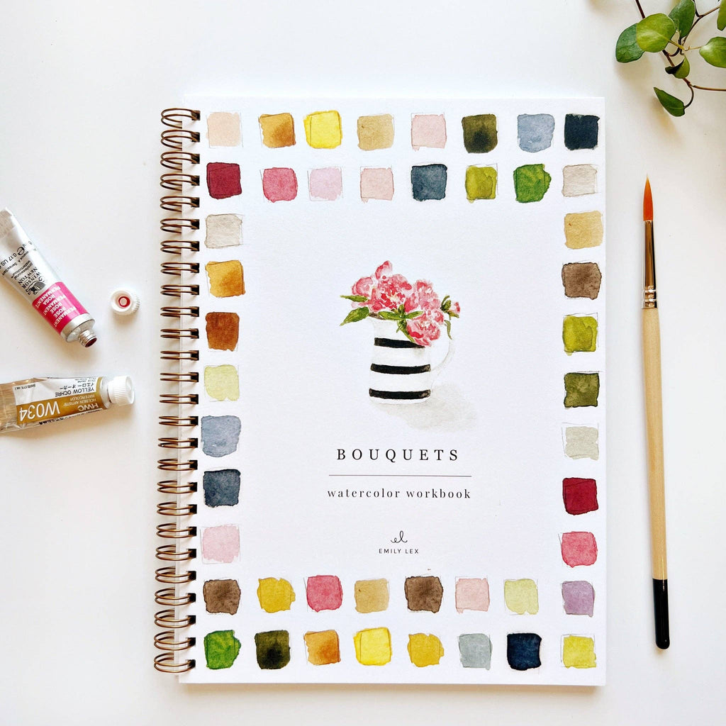 A Bouquet Watercolor Notebook illustrated with a flower bouquet in a striped pot and swatches of watercolors.