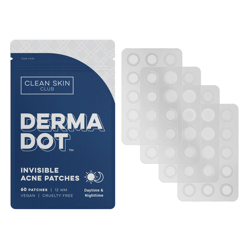 Four sheets of clear Derma Dot Invisible Acne Patches next to it's dark blue packaging.