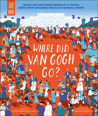 An illustrated red and blue book cover  for Where Did Van Gogh Go? by the Metropolitan Museum of Art.