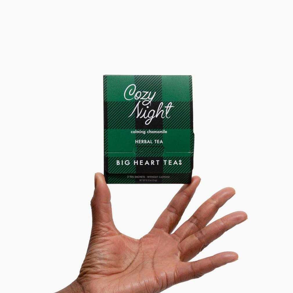 A hand holding a packet of two Cozy Night teabags in green and black gingham packaging.