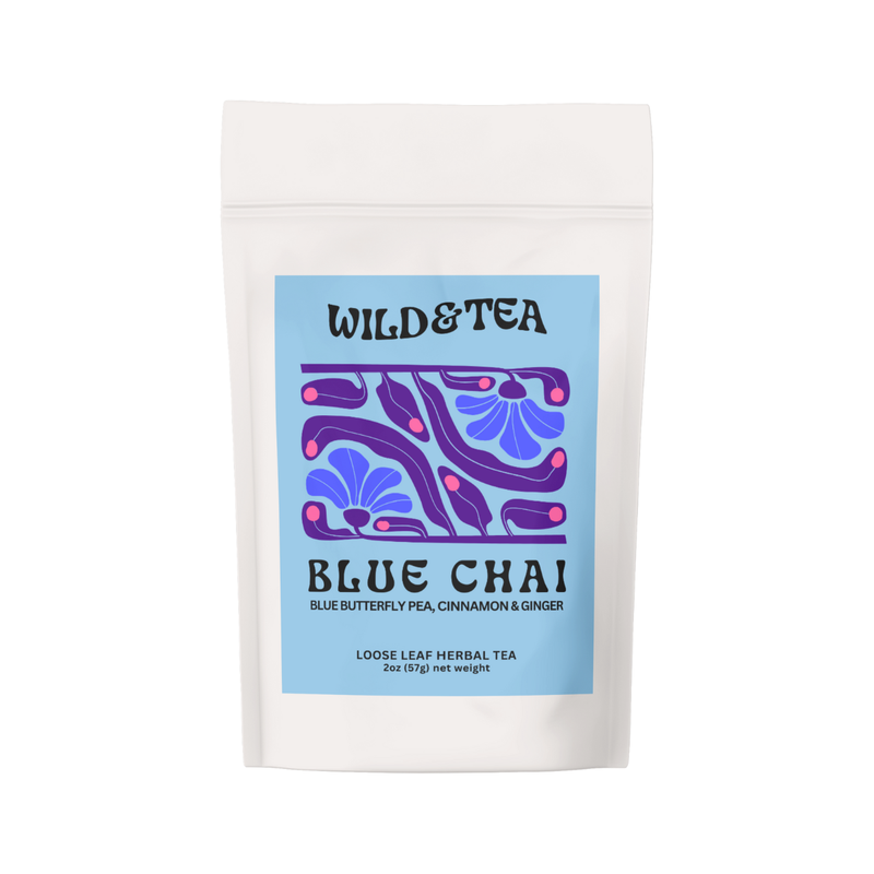 A white bag of Blue Chai Loose Leaf with a blue label illustrated with abstract artwork.