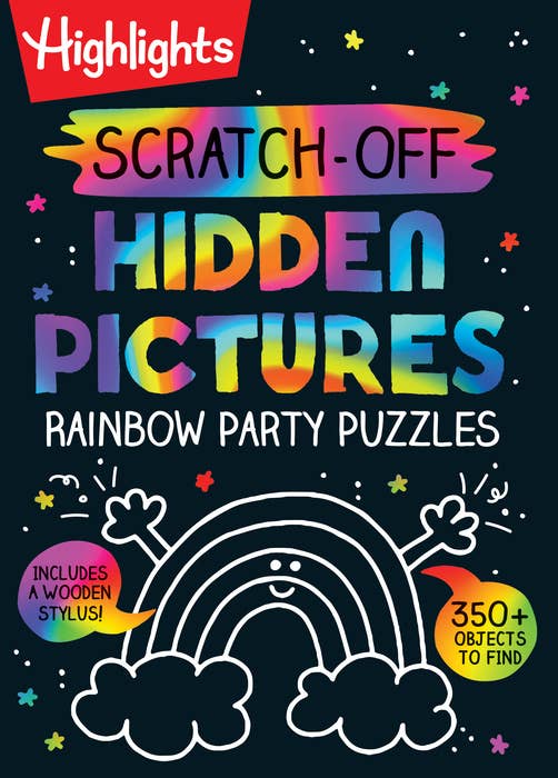 A black book cover for Scratch-Off Hidden Pictures Rainbow Party Puzzles with rainbow lettering and speech bubbles around a doodled rainbow.