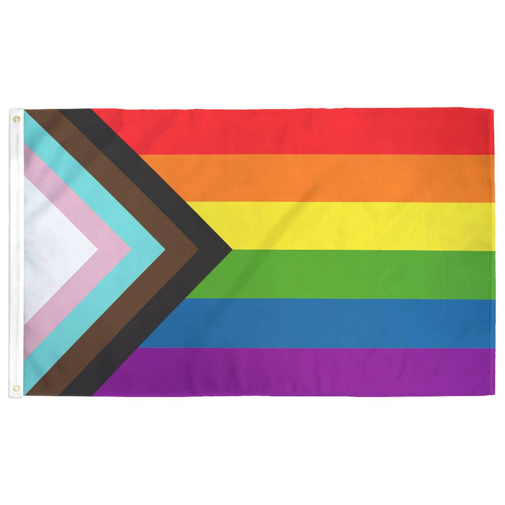 An LGBTQ+ equality flag with red, orange, yellow, green, blue, and purple horizontal stripes as well at a chevron of white, pink, blue, brown, and black stripes for the Transgender and People of Color communities.