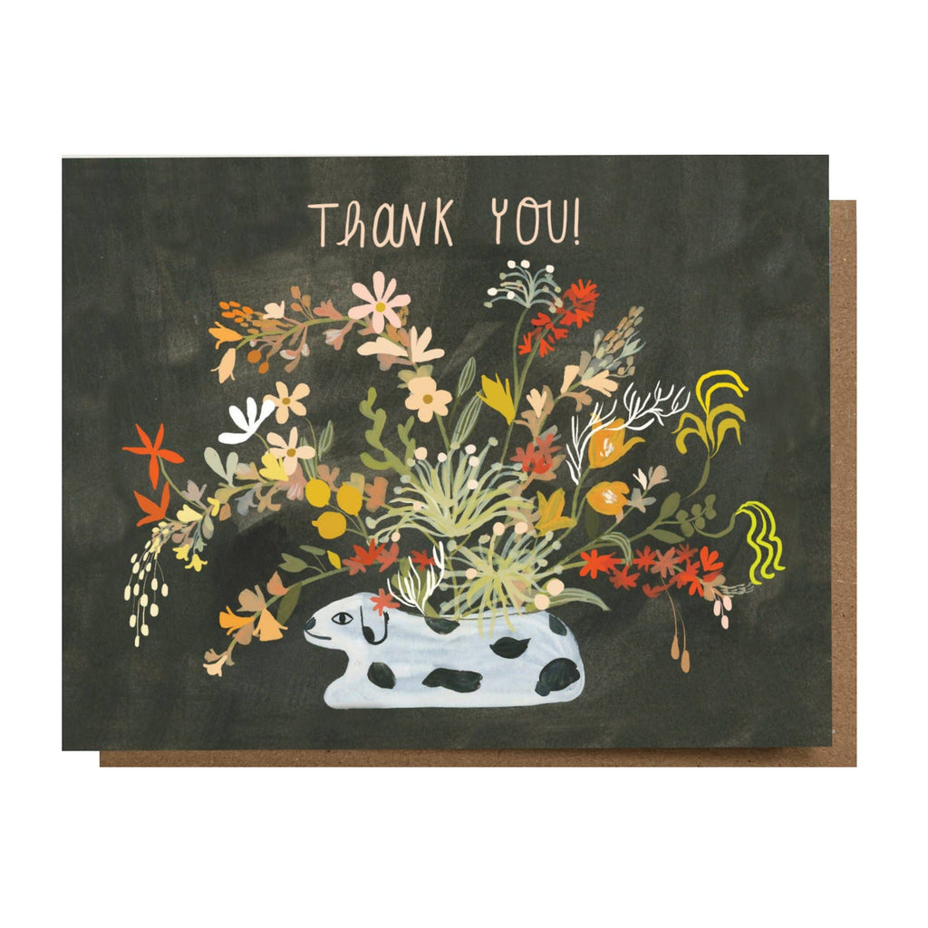 A black card illustrated with a Dalmatian dog vase holding colorful flowers and the words "Thank You!" 