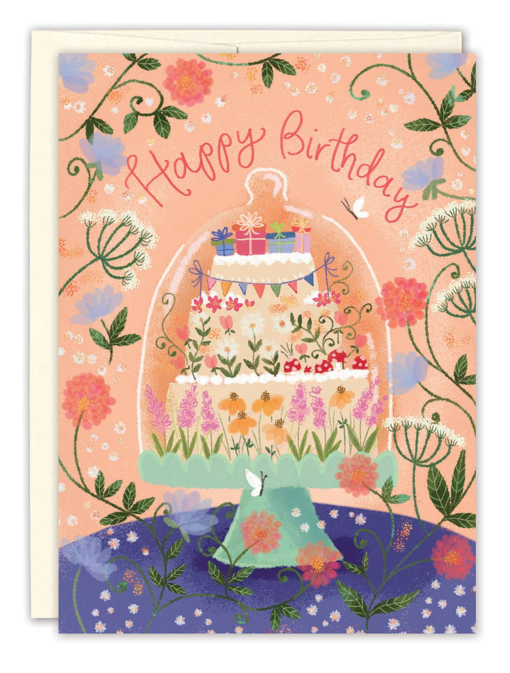 A card illustrated with a flower decorated cake on a stand surrounded by flowers and the words "Happy Birthday".