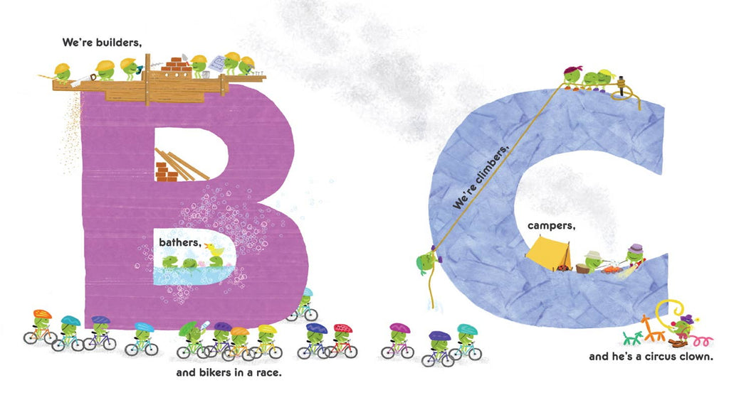 A page layout for the letters B and C where the peas are doing activities that start with those two letters.