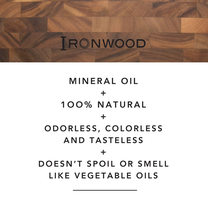 A graphic that says "Mineral Oil + 100% Natural + Odorless, Colorless and Tasteless + Doesn't Spoil or Smell Like Vegetable Oils"