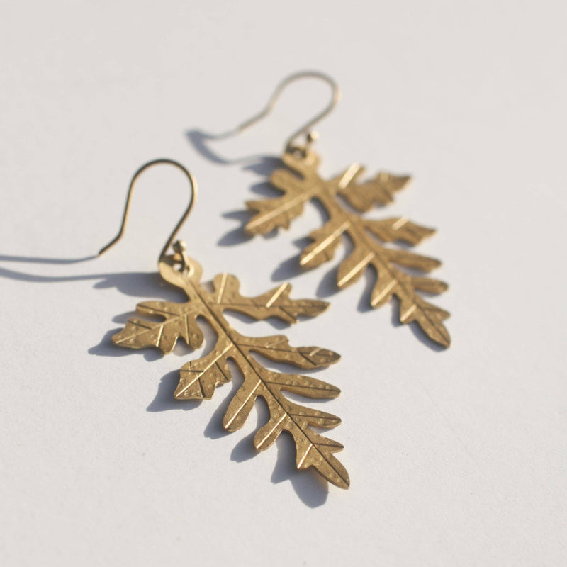 A close-up of the details in the Fern Leaf Earrings.