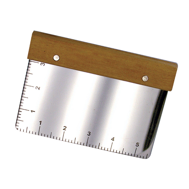 A stainless steel flat cutter with a wooden edge handle and black markings on the blade.