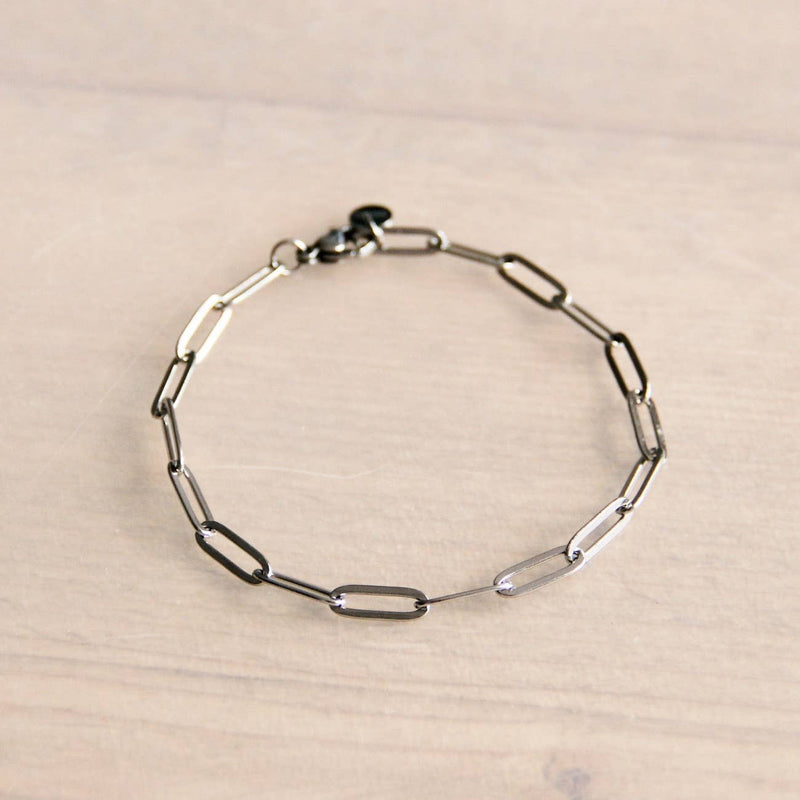 A stainless steel bracelet made of thin chain links.