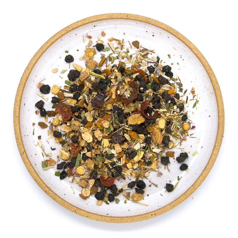 A ceramic plate filled with elderberries, astragalus root, echinacea purpurea root and herb, ginger, cinnamon, and rosehips.