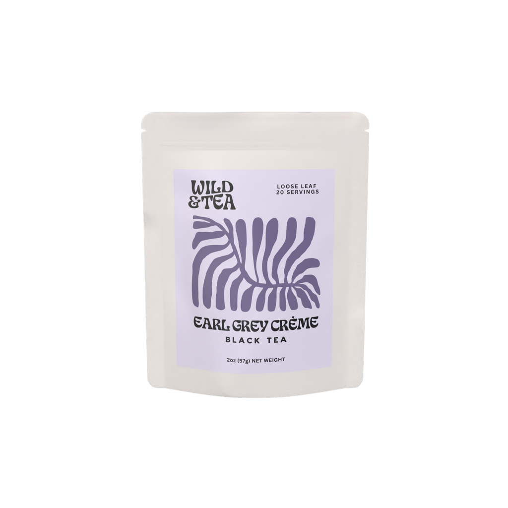 A white bag of Earl Grey Creme Black tea with a lavender label illustrated with an abstract plant.