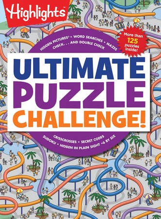 A book cover for Ultimate Puzzle Challenge! with illustrations of slides tangling around one another.