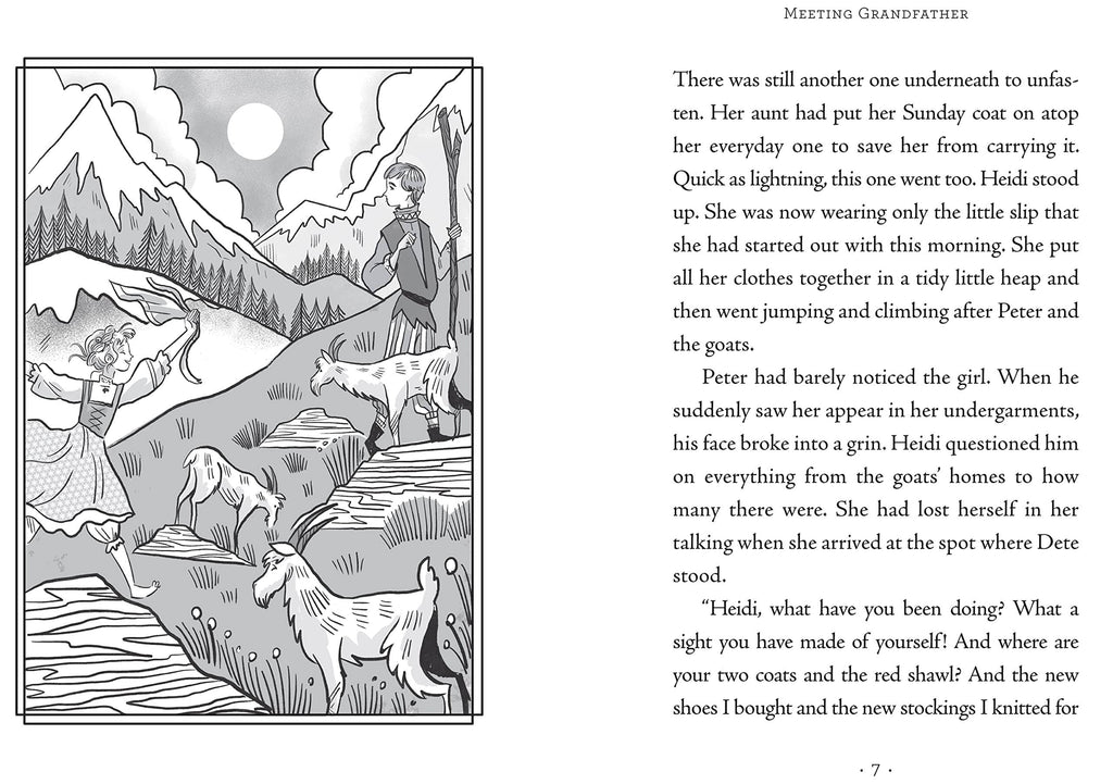 A page layout with an illustration of a girl, boy, and three goats walking through a mountain valley on the left and text on the right.