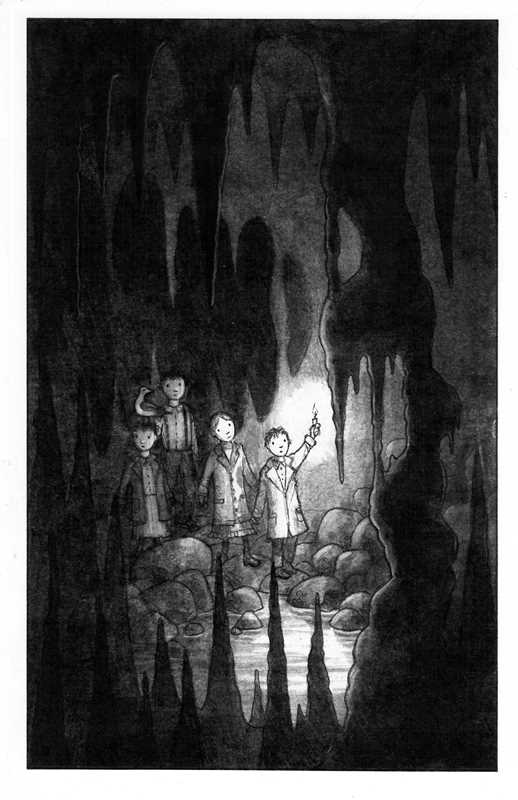 A black and white illustration of children exploring a cave by candlelight.