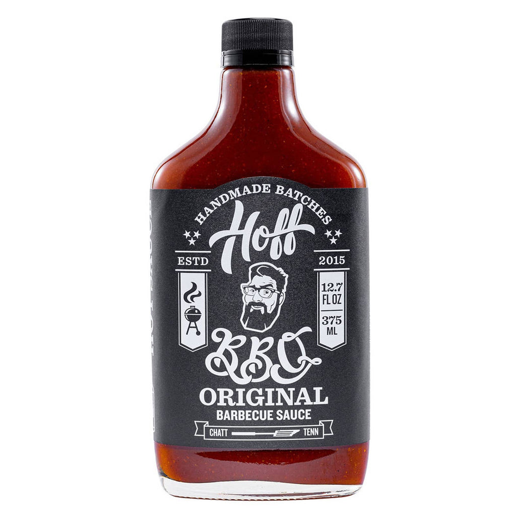 A flask-shaped jar of red Hoff's Original BBQ Sauce .