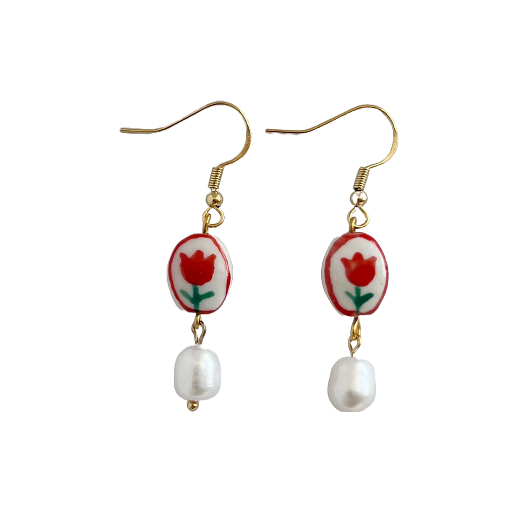 Red Tulip Beaded Earrings