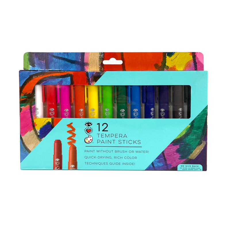 A pack of twelve tempera paint sticks in a rainbow of colors.