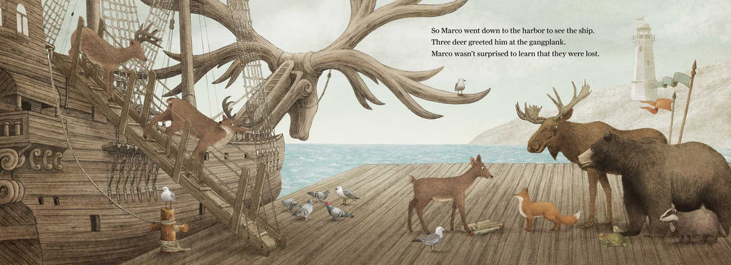 A page layout from the book featuring a fox on a harbor dock talking with a deer and some birds.