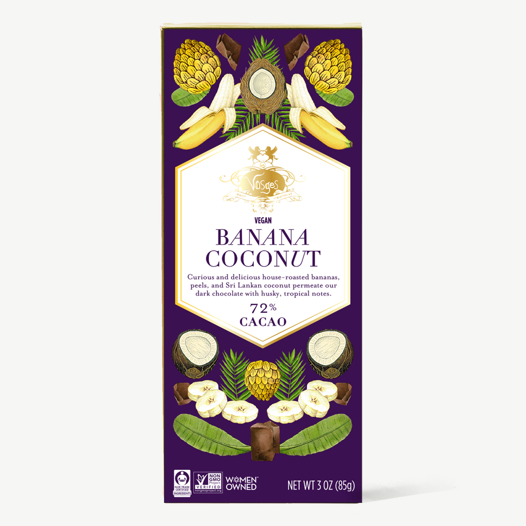 A purple and yellow bar illustrated with coconuts, banana slices, and foliage.