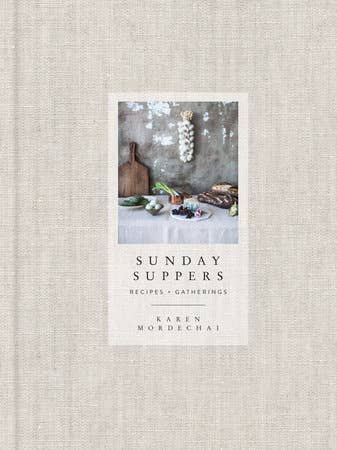 A beige linen book cover with a small photo of a rustic kitchen spread and the words "Sunday Suppers - Recipes - Gatherings by Karen Mordechai".