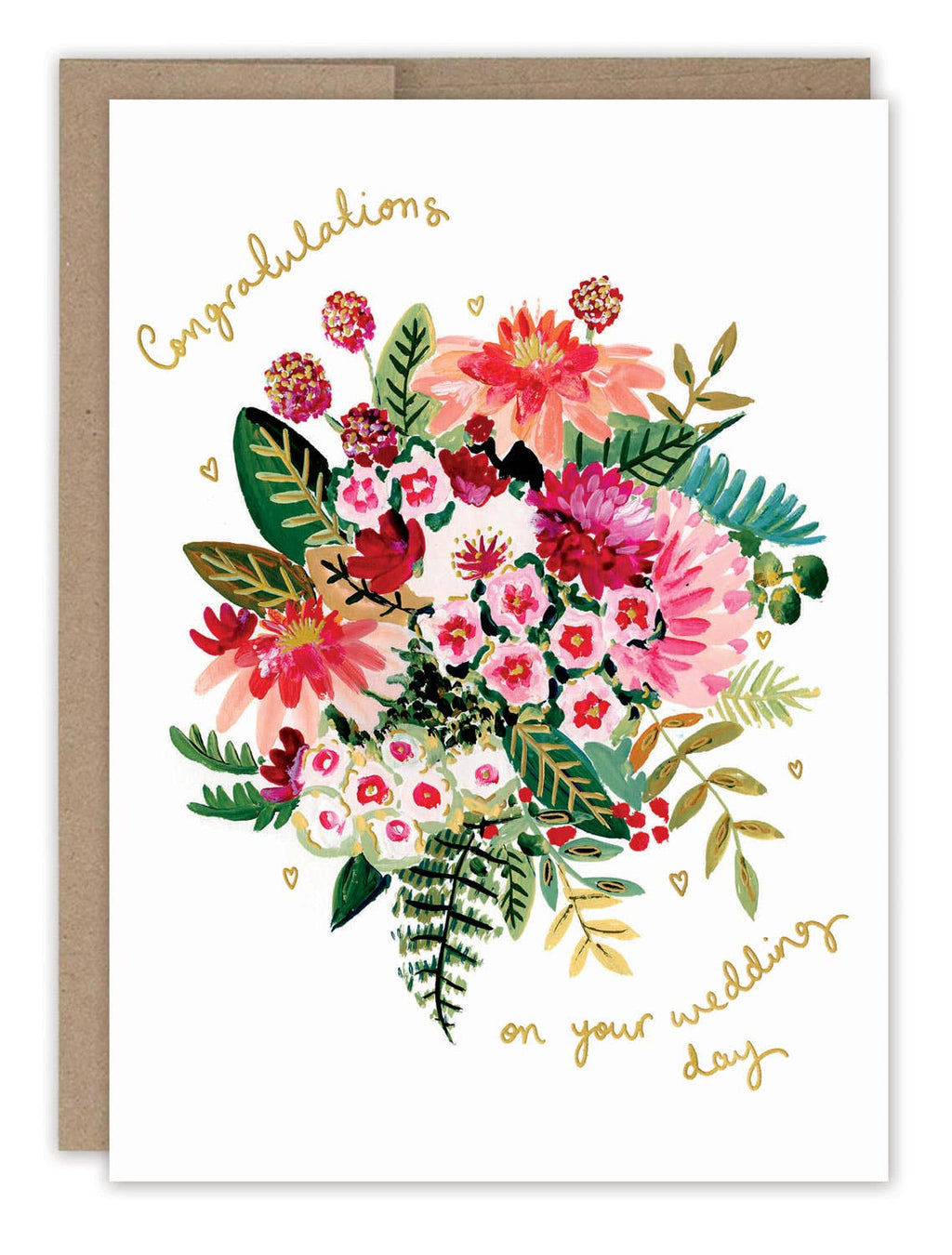 A white card illustrated with gouache painted pink flowers surrounded by the words "Congratulation on your wedding day" in gold foil.