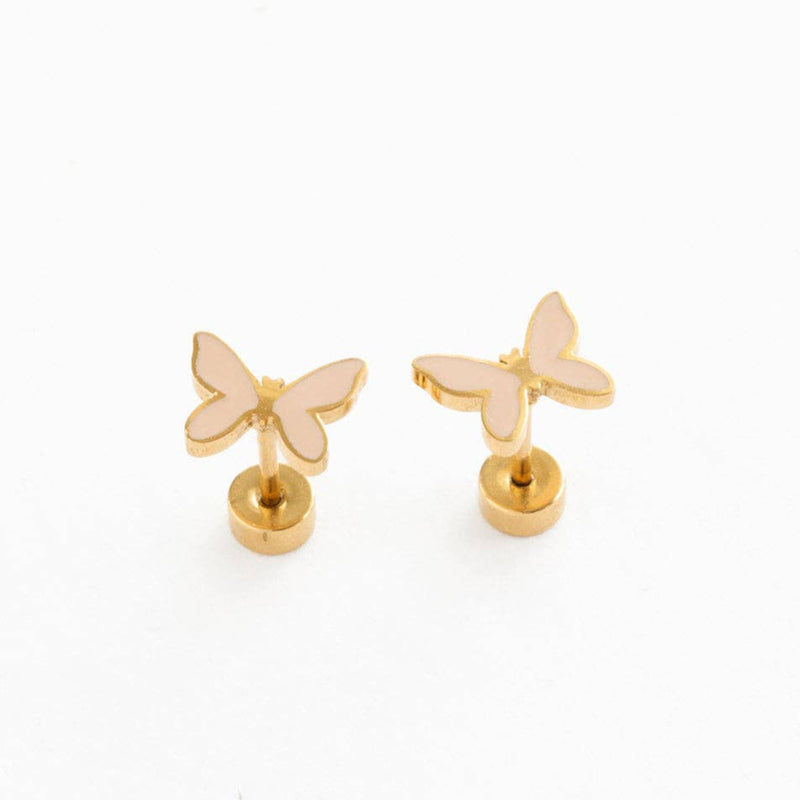 A pair of pale pink enamel filled butterfly stud earrings with flat post backings.