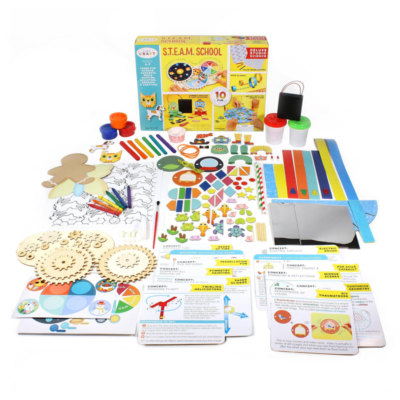 Everything that comes in the STEAM Science Studio set, including wooden gears, cutouts of animals, art supplies, etc.