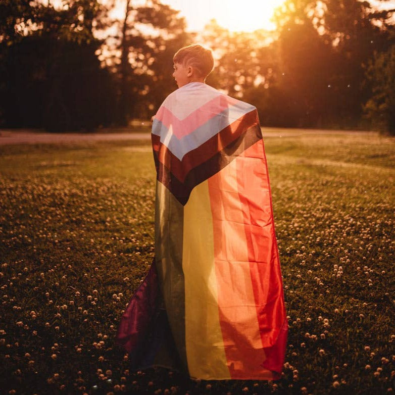 A person wearing the Progress Flag as a cape with a sunset behind them.