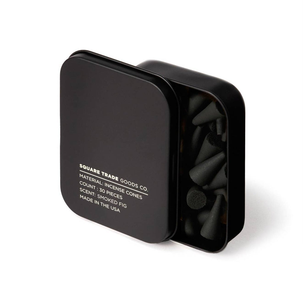 A matte black square tin of black Smoked Fig Incense Cones.