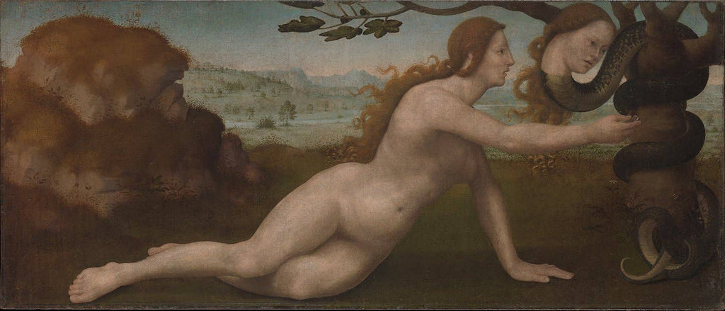 Giuliano di Piero di Simone Bugiardini's Adam; Eve (1520) depicting Eve reaching for the serpent in the garden of Eden