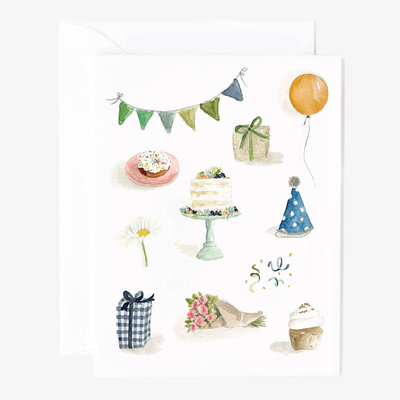 A white card watercolor illustrated with a banner, a balloon, a donut, multiple presents, a cake, a party hat, a bouquet, a cupcake, and a daisy.