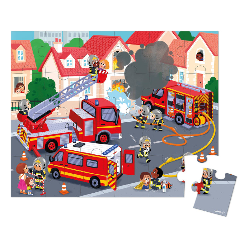 A 24 piece puzzle illustrated with firefighters putting out a fire.