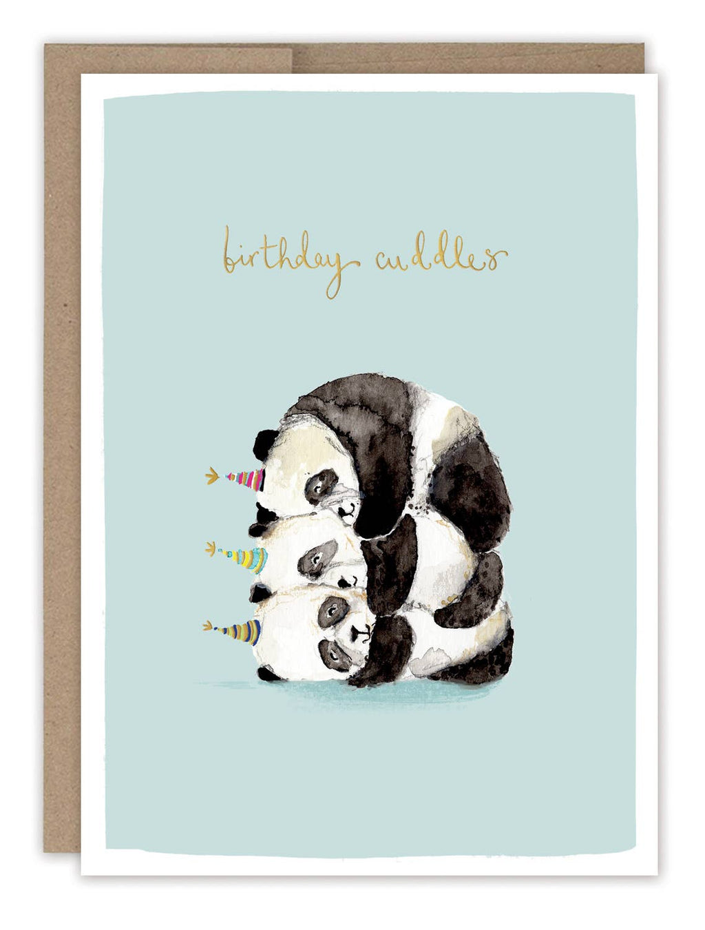 A pale blue card watercolor illustrated with three pandas wearing party hats stacked on one another with the words "Birthday Cuddles" in gold foil.