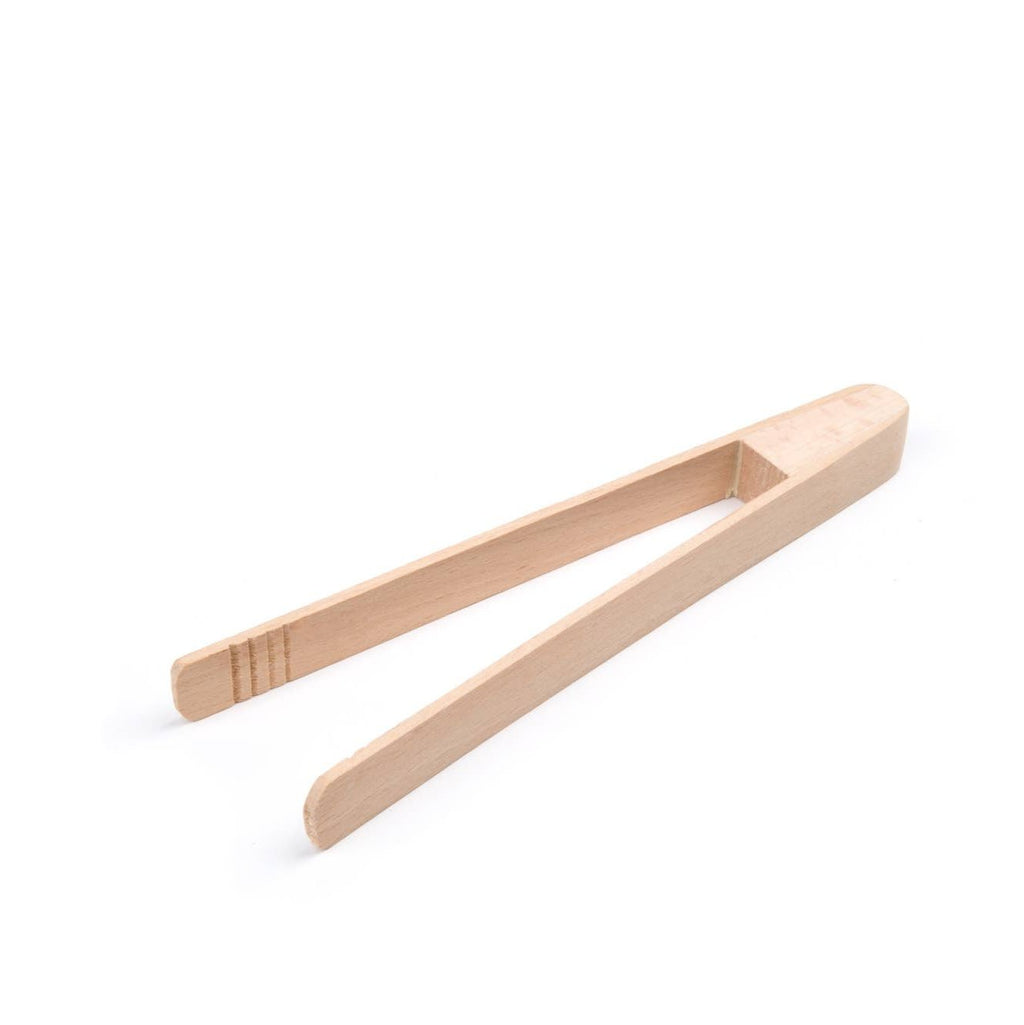 Light wooden tongs for handling hot toaster foods.