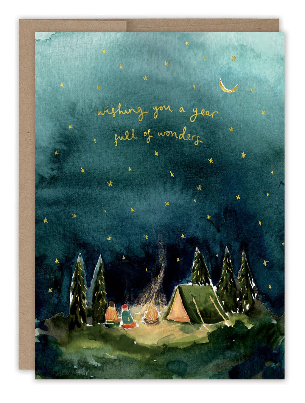 A birthday card watercolor illustrated with two people camping in the woods under a sky full of gold foil stars and the wrods "Wishing you a year full of wonders".