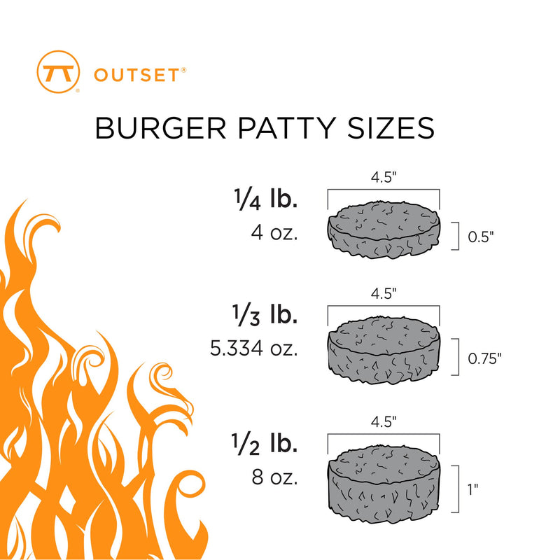 A graphic showing the three possible burger sizes to make with the burger press.