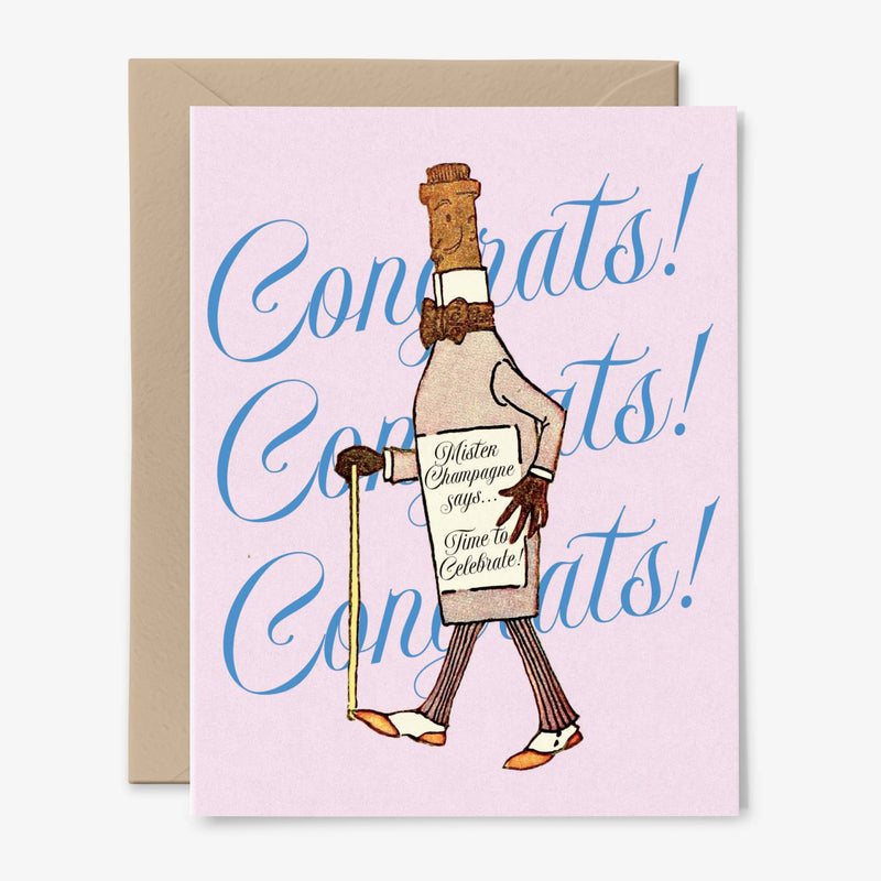 A pale pink card illustrated with a dapper walking bottle of champagne in front of the words "Congrats! Congrats! Congrats!" in blue script and a kraft envelope.