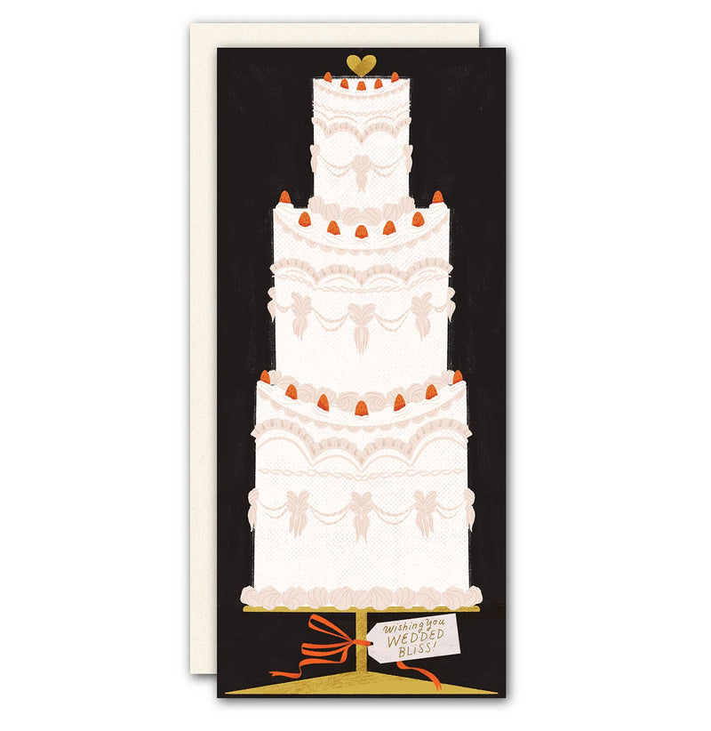 A tall black card with an illustrated wedding cake and the words "Wishing You Wedded Bliss!"