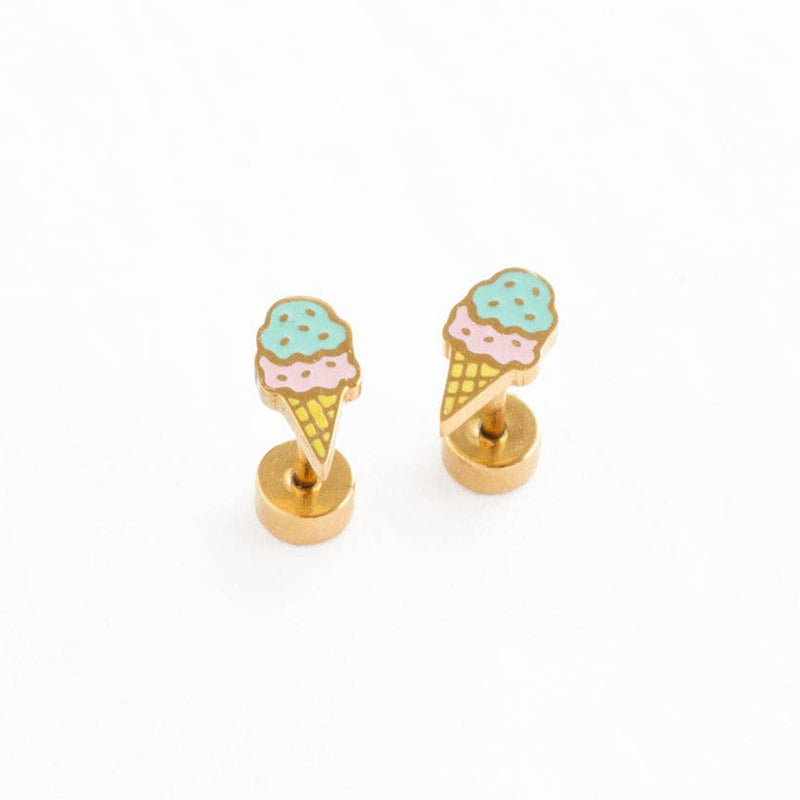 Two gold stud earrings with teal and pink enamel ice cream cones and flat back studs.