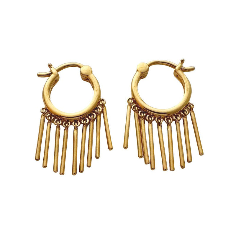 A pair of gold plated hoop earrings with nine bars hanging like a fringe along it.