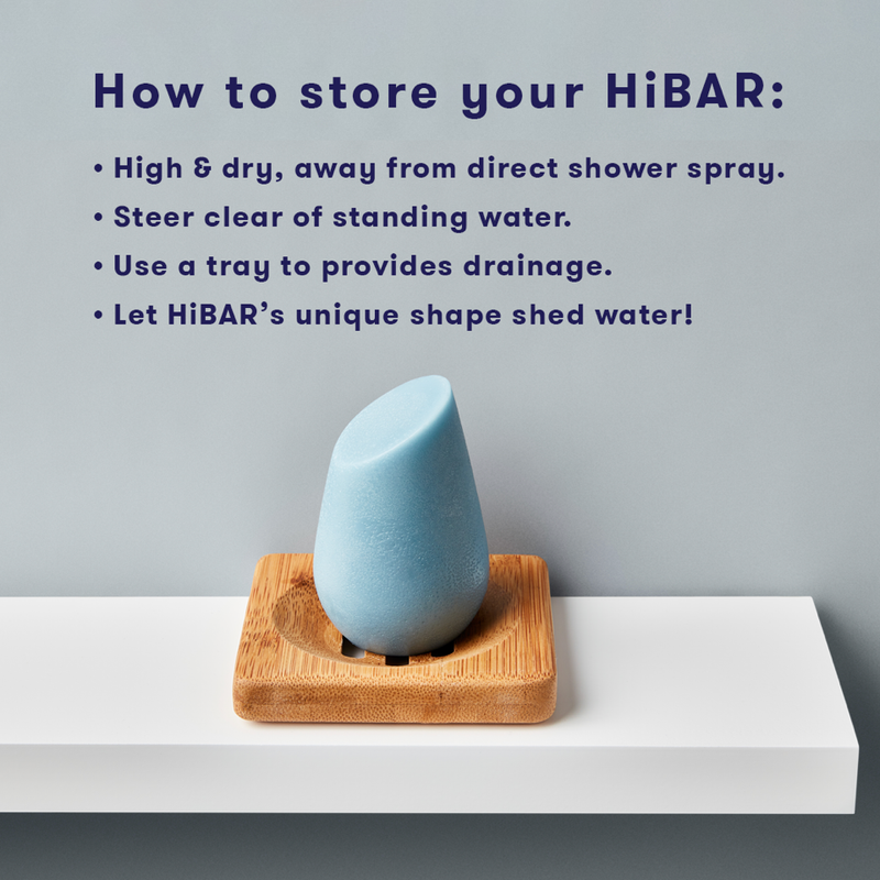 A graphic with details on how to store a HiBar Shampoo bar.