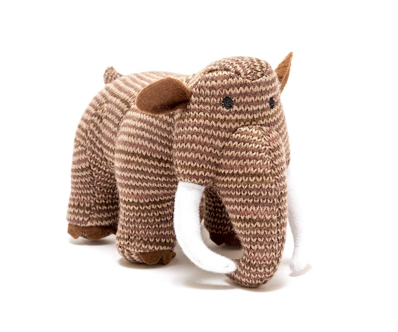 A brown and cream knitted mammoth baby rattled plushie with white tusks.