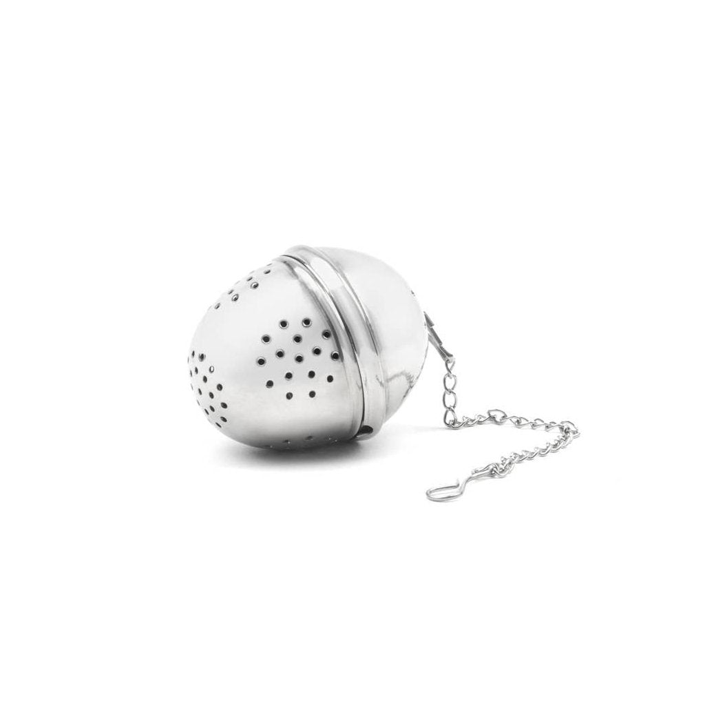 A stainless steel acorn-shaped tea ball with a small chain attached at the top.