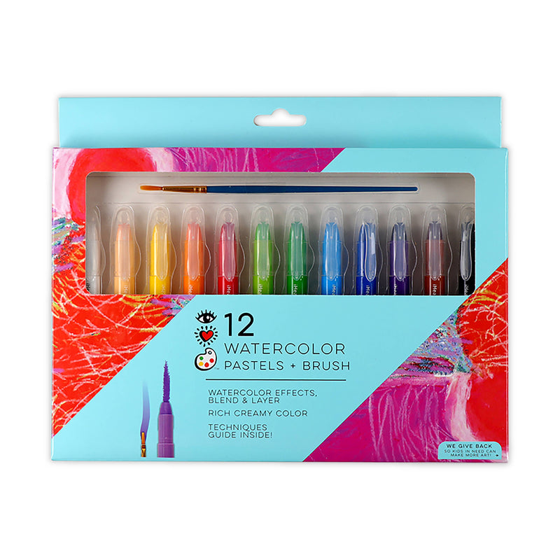 A pack of twelve watercolor pastels in a rainbow of colors with a thin paint brush.